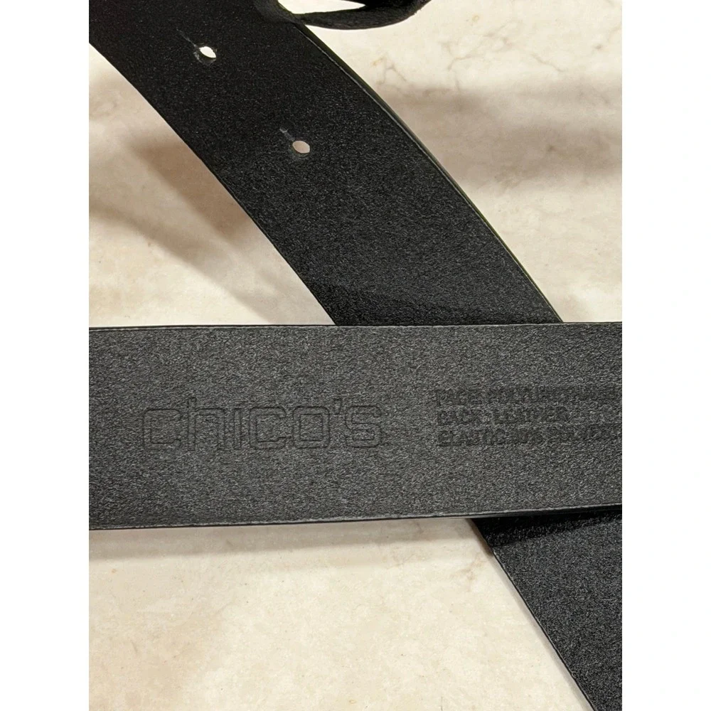 Chicos Black Faux Leather Logo Buckle Belt Large Silver Tone Tailored Minimalist